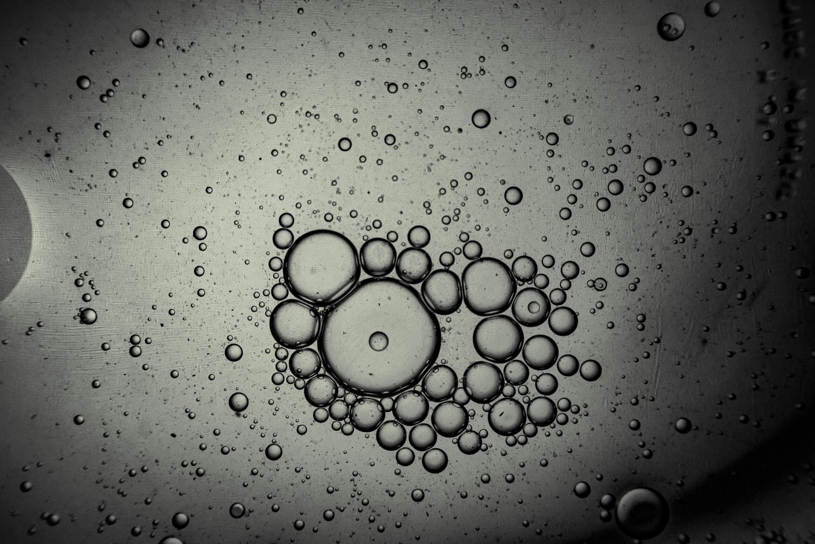 Close-up abstract image of oil bubbles in water creating intricate patterns.